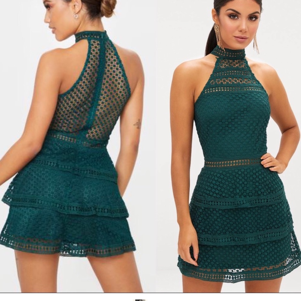 Green lace halter dress. By PRETTYLITTLETHINGS. Size 0. Perfect condition.